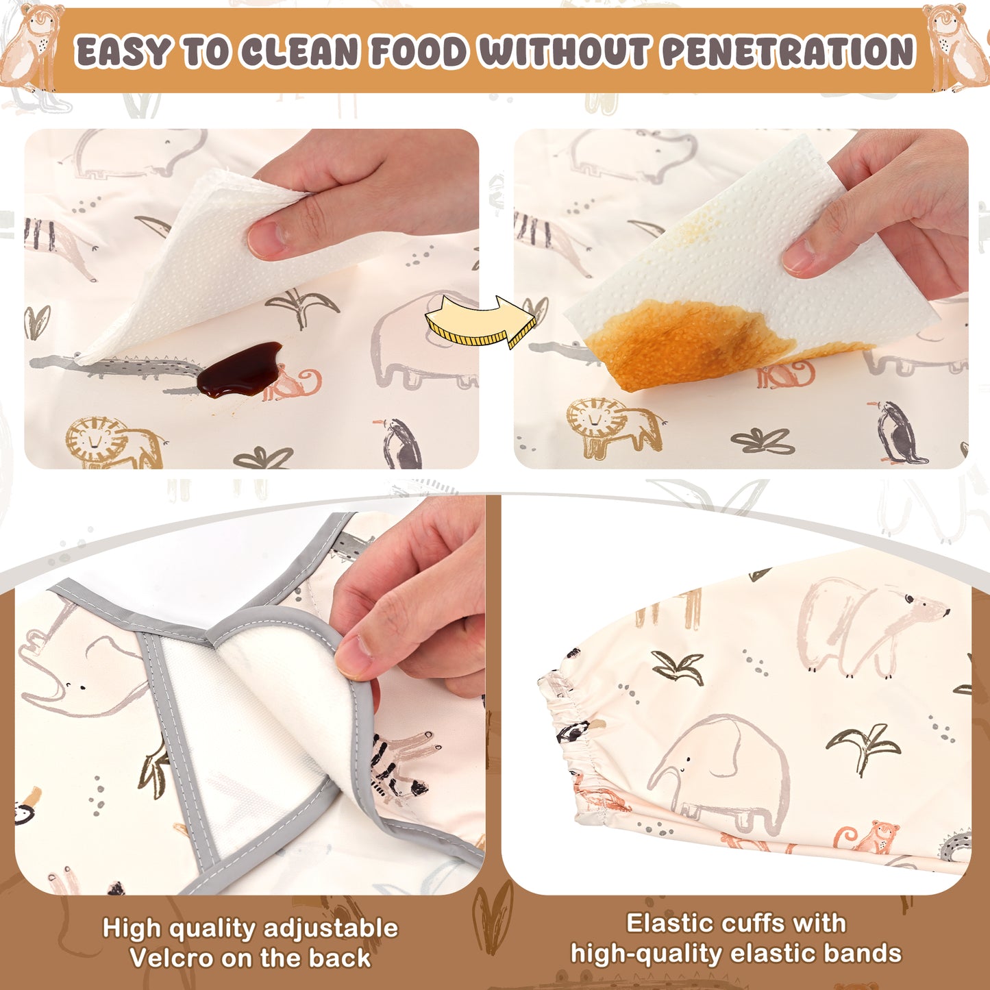 Little Dimsum Mess-Proof Baby Bibs|Infant Toddler Long Sleeve Waterproof Feeding Smock(zoo)