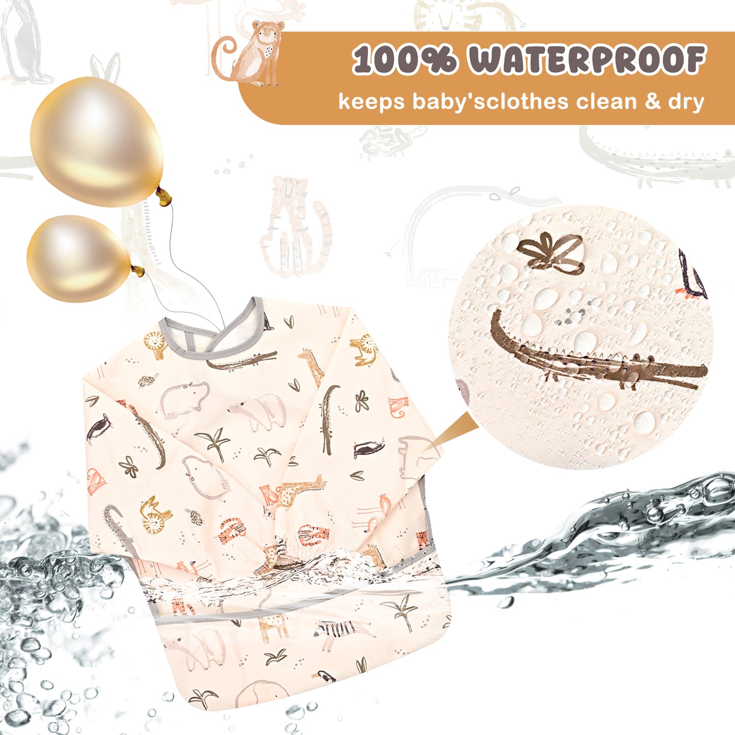 Little Dimsum Mess-Proof Baby Bibs|Infant Toddler Long Sleeve Waterproof Feeding Smock(zoo)
