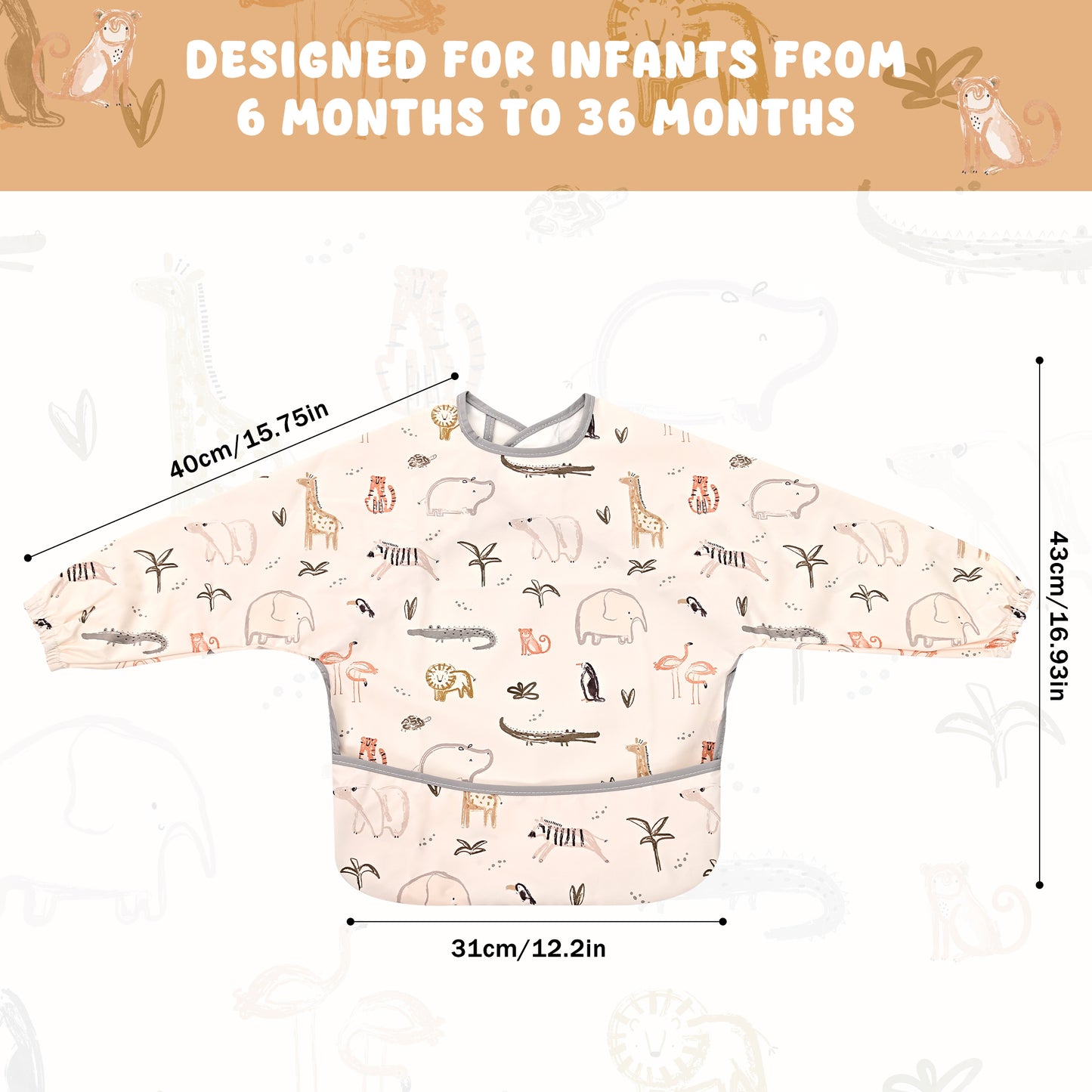Little Dimsum Mess-Proof Baby Bibs|Infant Toddler Long Sleeve Waterproof Feeding Smock(zoo)