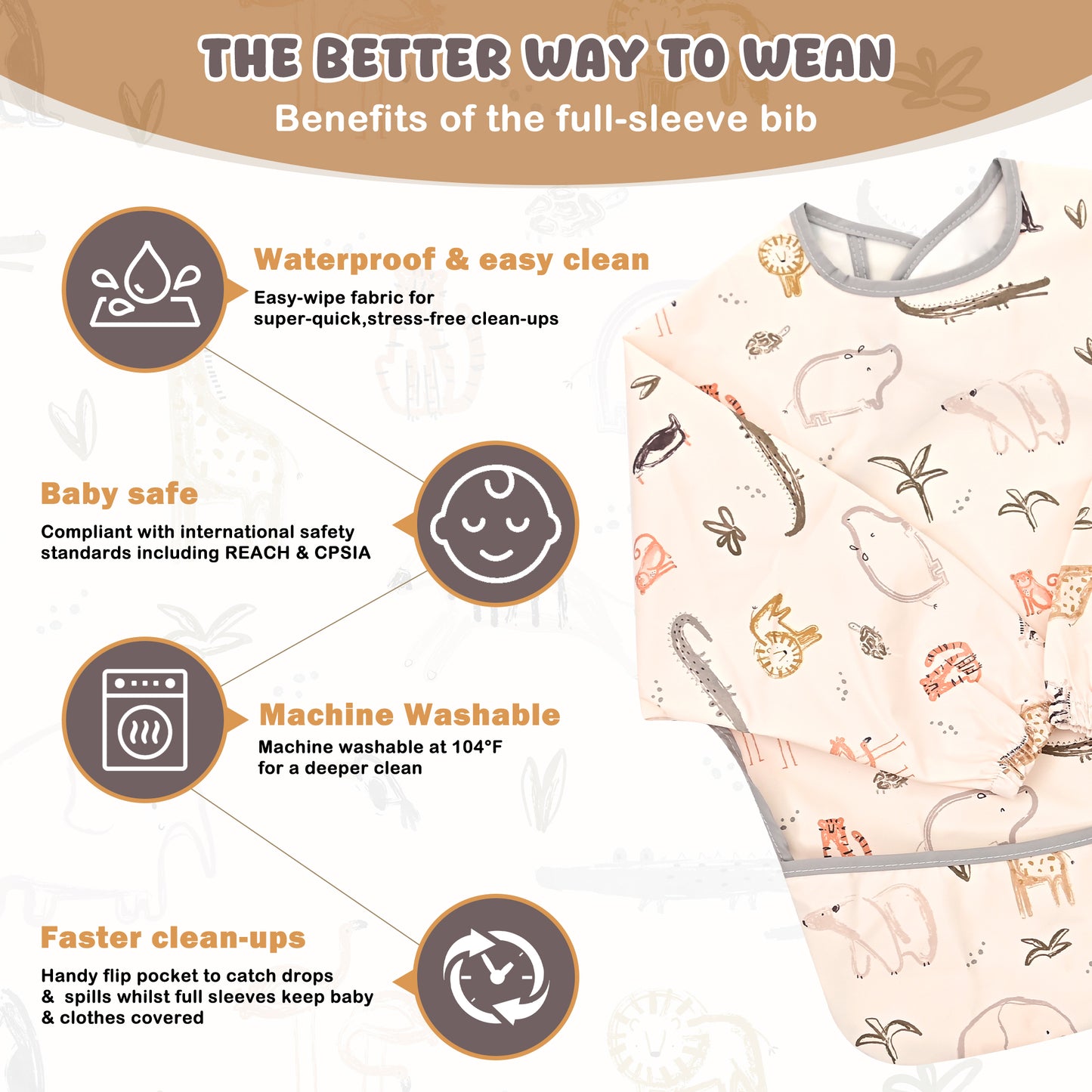 Little Dimsum Mess-Proof Baby Bibs|Infant Toddler Long Sleeve Waterproof Feeding Smock(zoo)