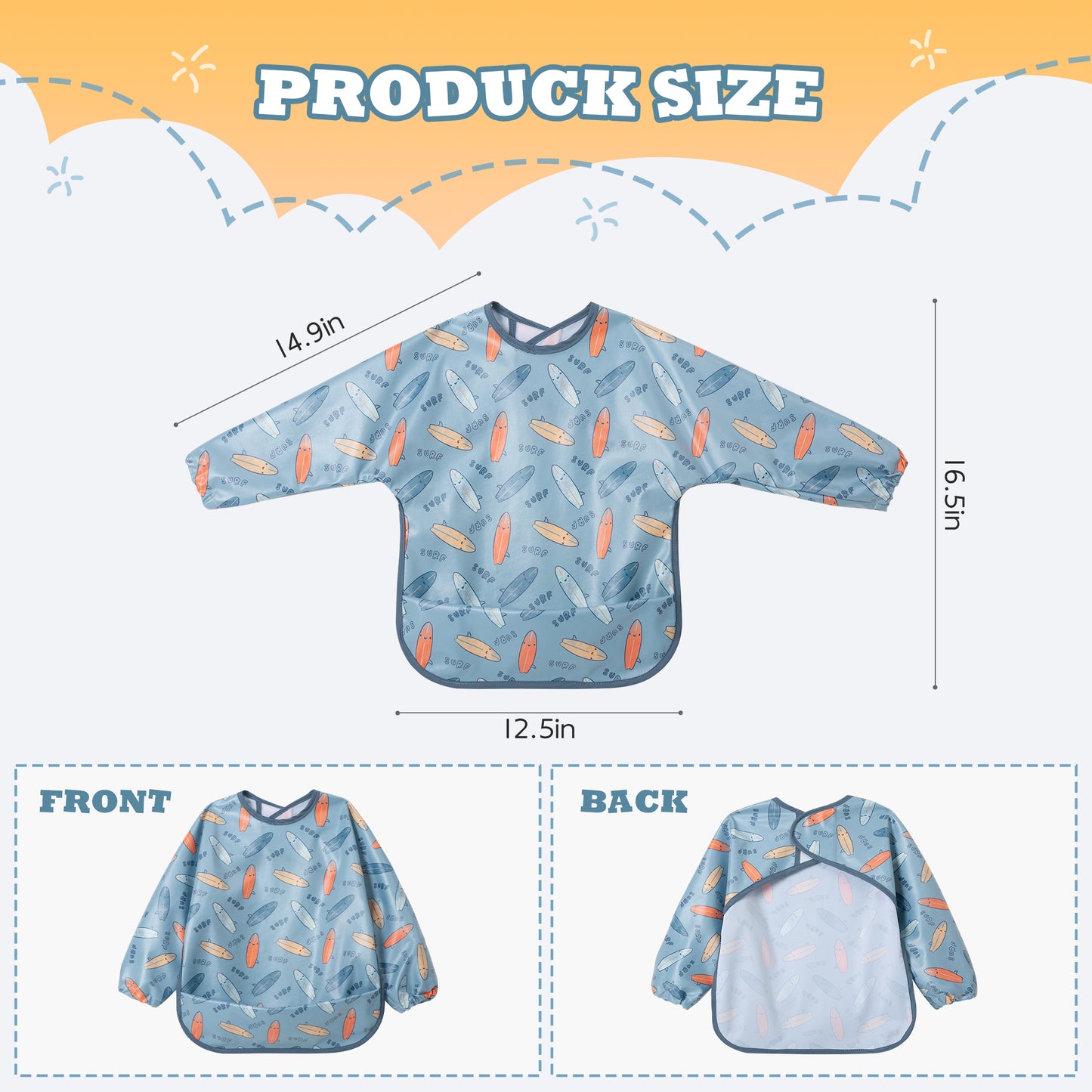 Little Dimsum Long Sleeve Feeding Bibs,Waterproof Baby Bibs with Sleeves, Infant Toddler 6-36 Months for Smock Bib for Eating(SURF)
