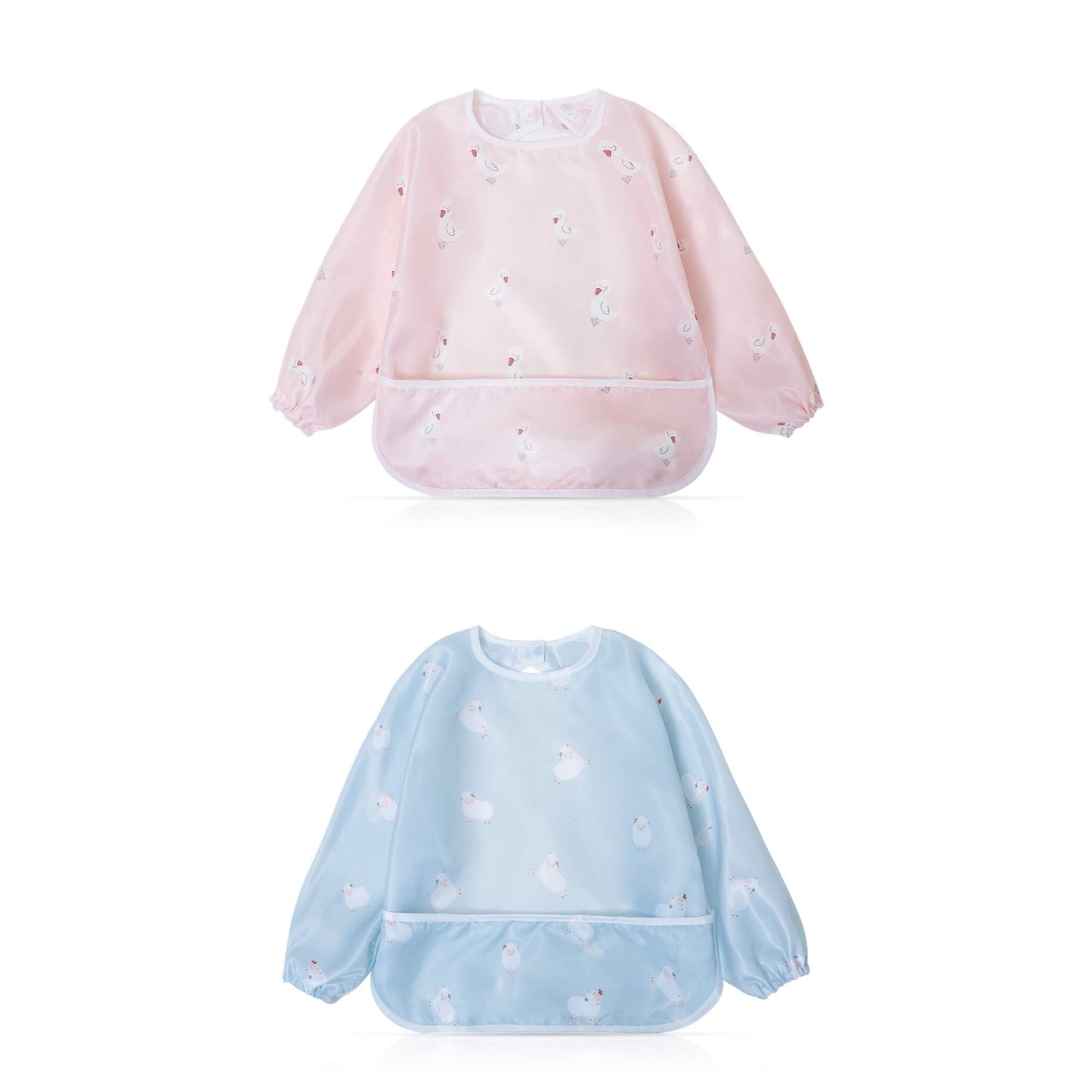 Little Dimsum Mess-Proof Baby Bibs|Infant Toddler Long Sleeve Waterproof Feeding Art Smock|Catching Food & Wipe Clean|Pack of 2 Colors duck&sheep