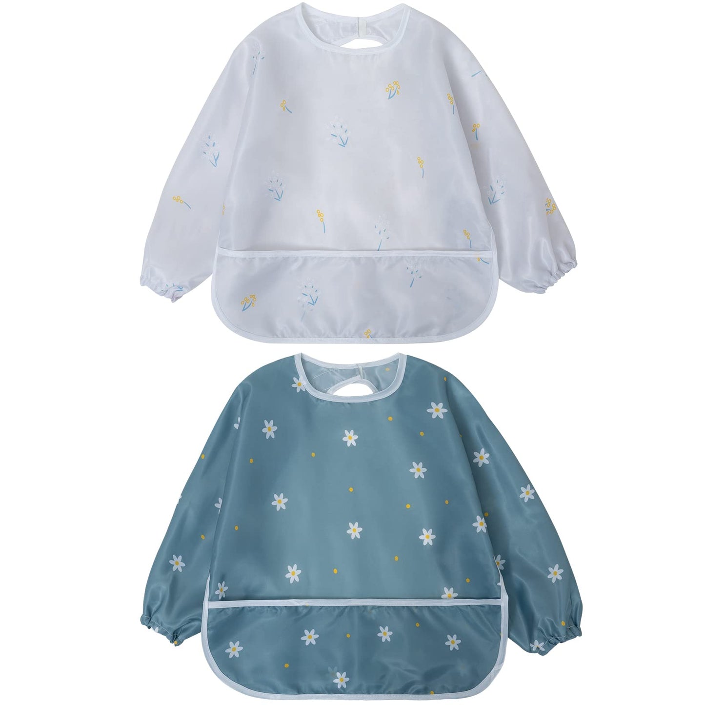 Little Dimsum Mess-Proof Baby Bibs|Infant Toddler Long Sleeve Waterproof Feeding Art Smock|Catching Food & Wipe Clean| Pack of 2 Colors Flower Sets
