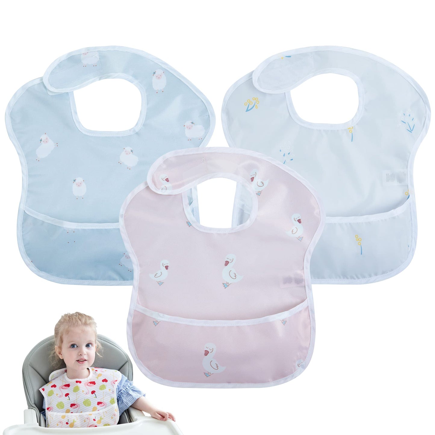 Little Dimsum Baby Bib Feeding Bibs Waterproof Drool Bib Coverall 3 PCS Set Adjustable Closure for Babies Toddlers with Large Pocket (Girls)