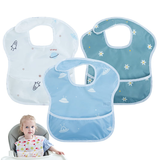 Little Dimsum Baby Bib Feeding Bibs Waterproof Drool Bib Coverall 3 PCS Set Adjustable Closure for Babies Toddlers with Large Pocket (Boy)