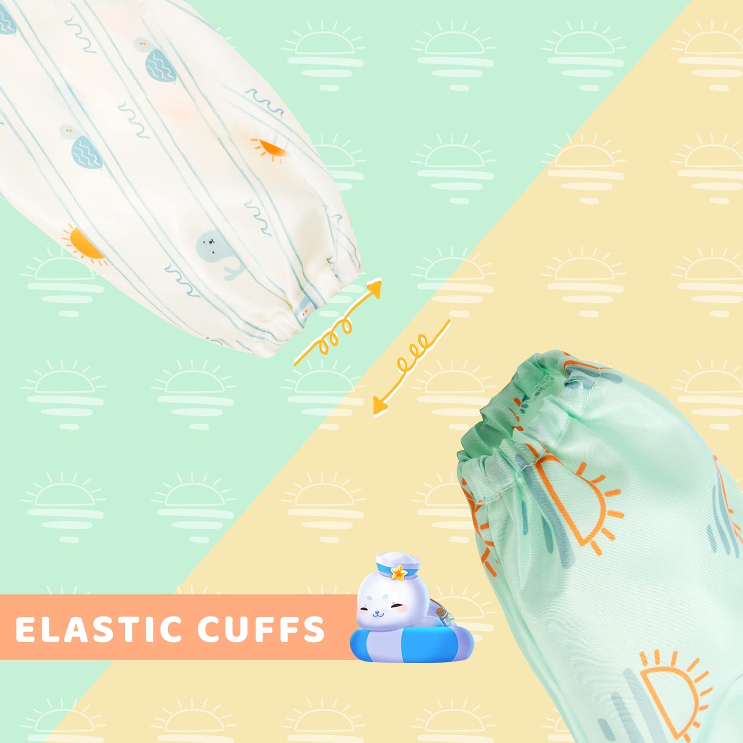 Little Dimsum Mess-Proof Baby Bibs|Infant Toddler Long Sleeve Waterproof Feeding Art Smock|Catching Food & Wipe Clean| Pack of 2 Colors (turtle&sun)