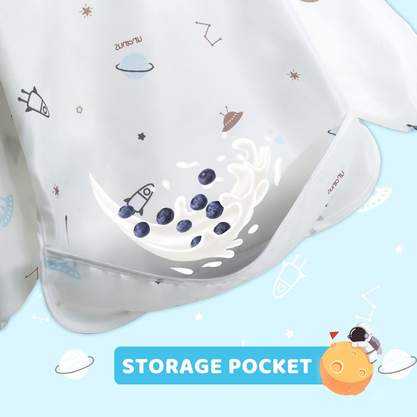 Little Dimsum Mess-Proof Baby Bibs|Infant Toddler Long Sleeve Waterproof Feeding Art Smock|Catching Food & Wipe Clean|Pack of 2 Colors Glatic&spaceship