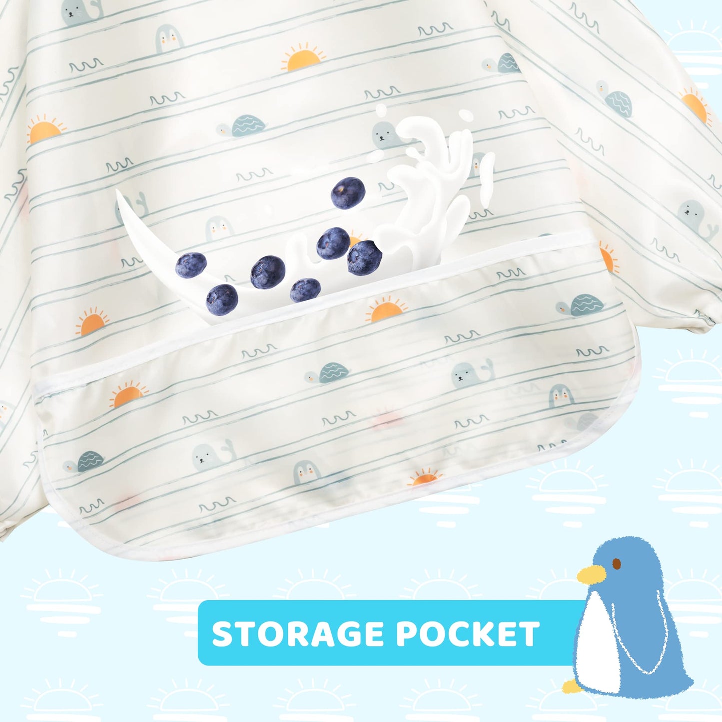 Little Dimsum Mess-Proof Baby Bibs|Infant Toddler Long Sleeve Waterproof Feeding Art Smock|Catching Food & Wipe Clean| Pack of 2 Colors (turtle&sun)