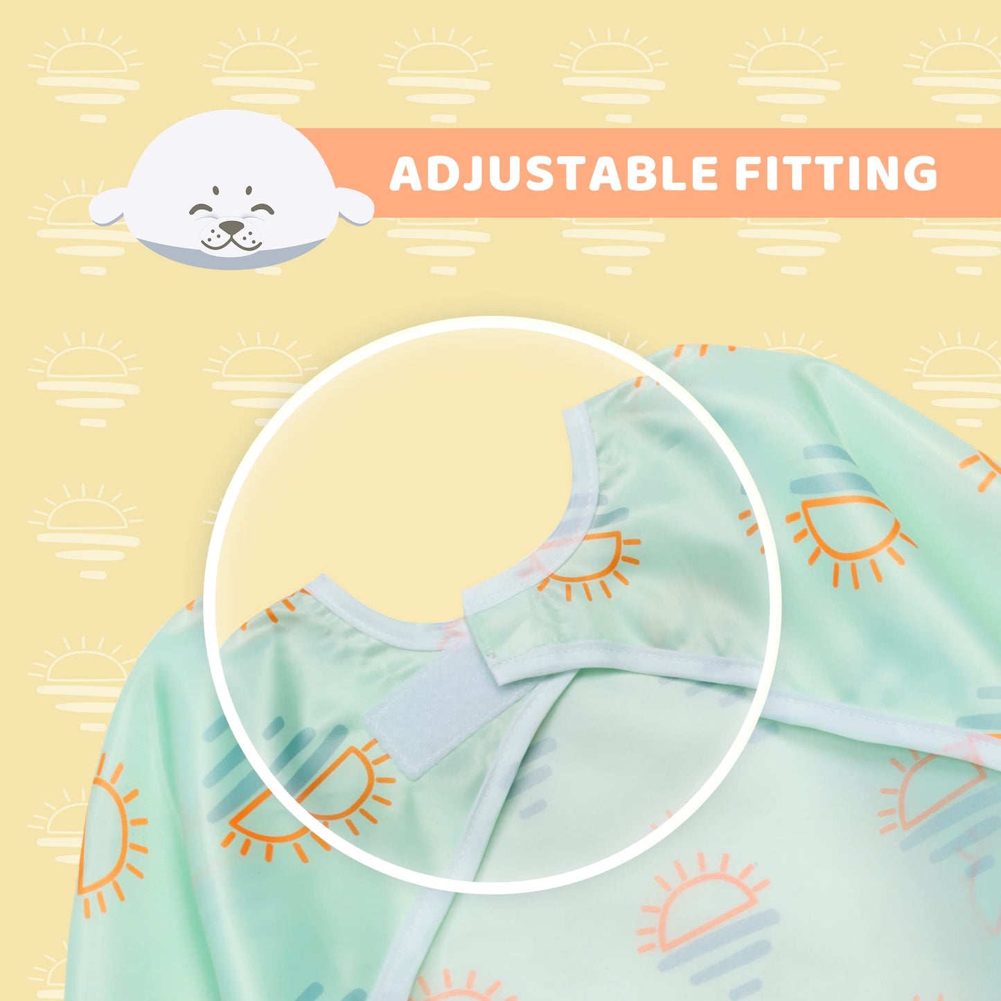 Little Dimsum Mess-Proof Baby Bibs|Infant Toddler Long Sleeve Waterproof Feeding Art Smock|Catching Food & Wipe Clean| Pack of 2 Colors (turtle&sun)