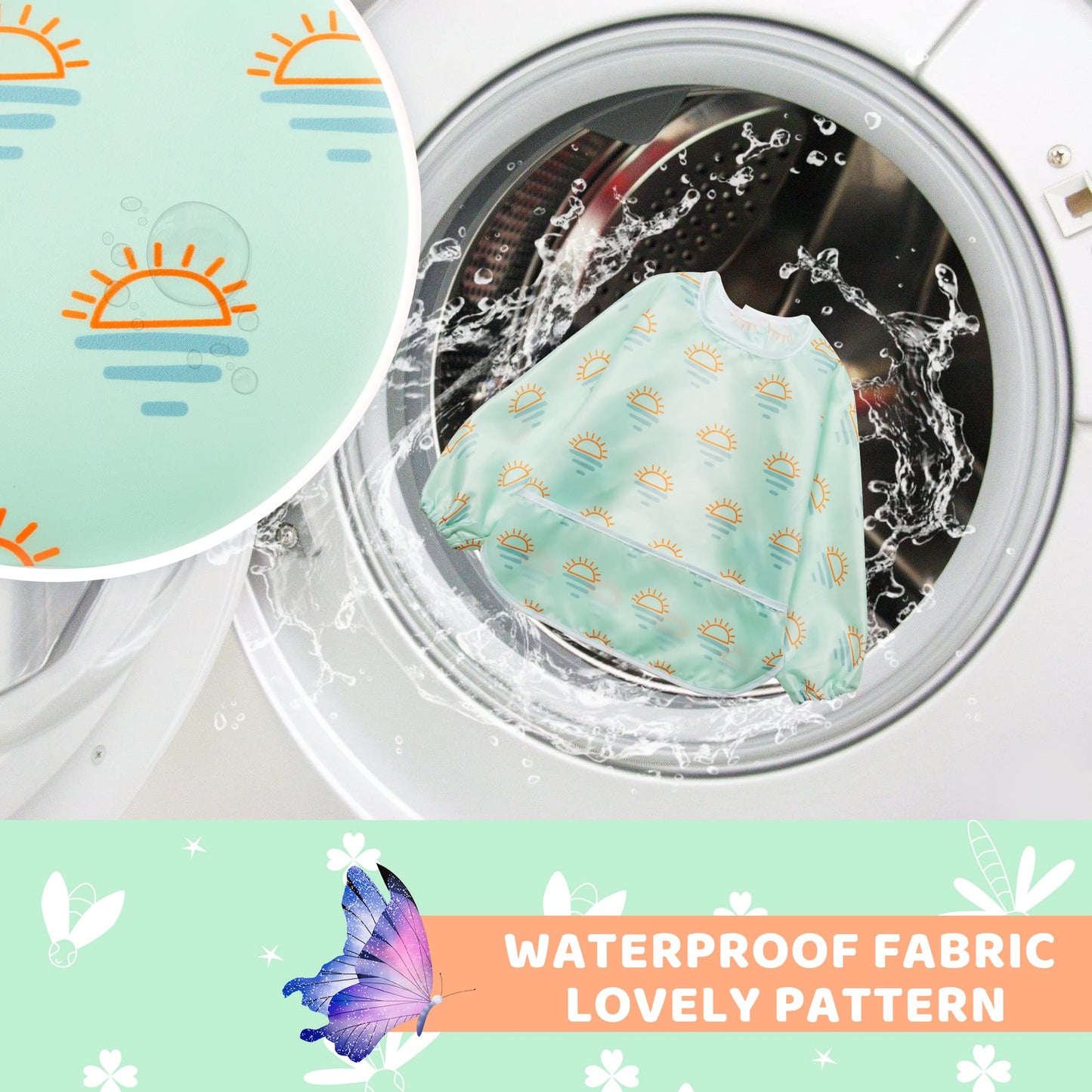 Little Dimsum Mess-Proof Baby Bibs|Infant Toddler Long Sleeve Waterproof Feeding Art Smock|Catching Food & Wipe Clean| Pack of 2 Colors (turtle&sun)