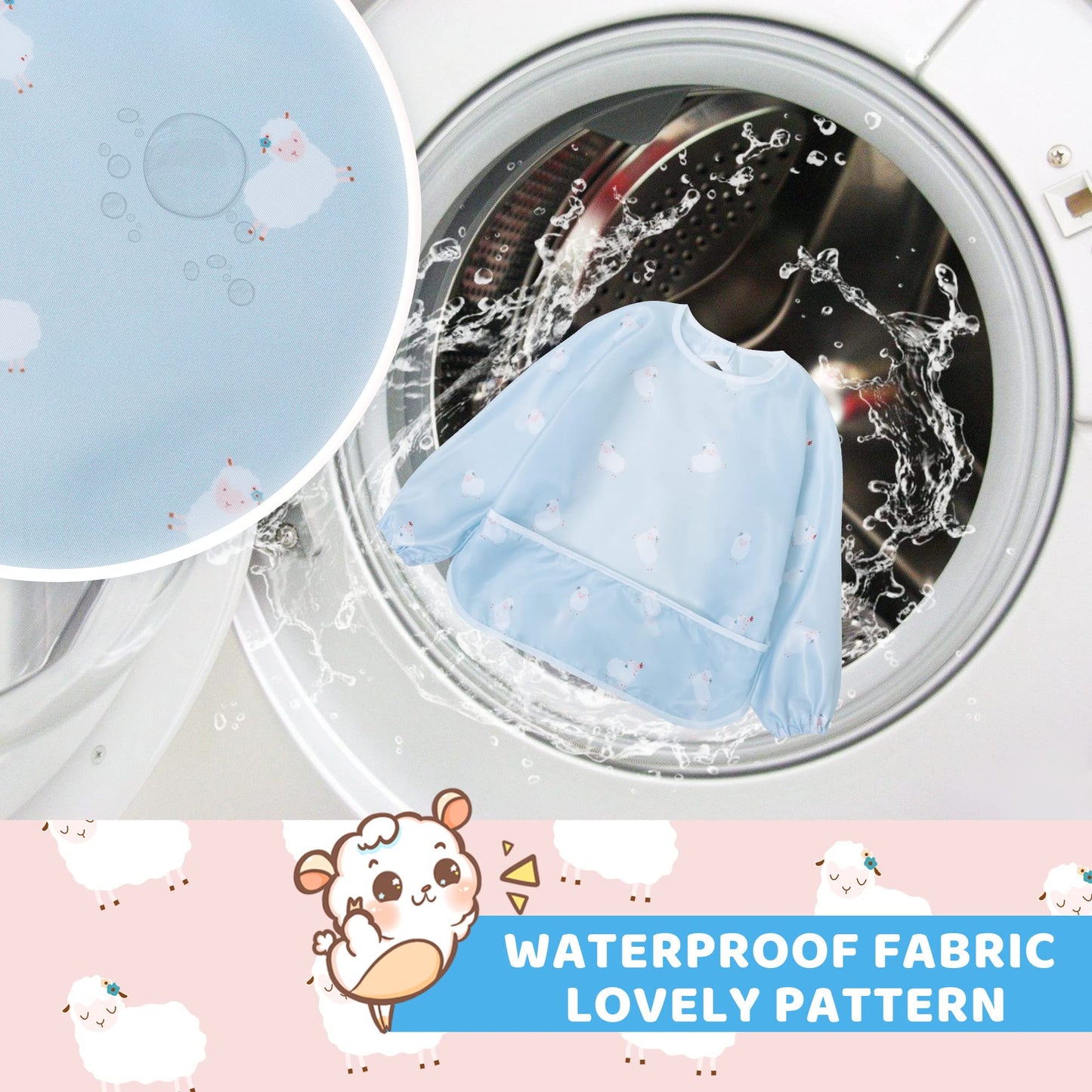 Little Dimsum Mess-Proof Baby Bibs|Infant Toddler Long Sleeve Waterproof Feeding Art Smock|Catching Food & Wipe Clean|Pack of 2 Colors duck&sheep