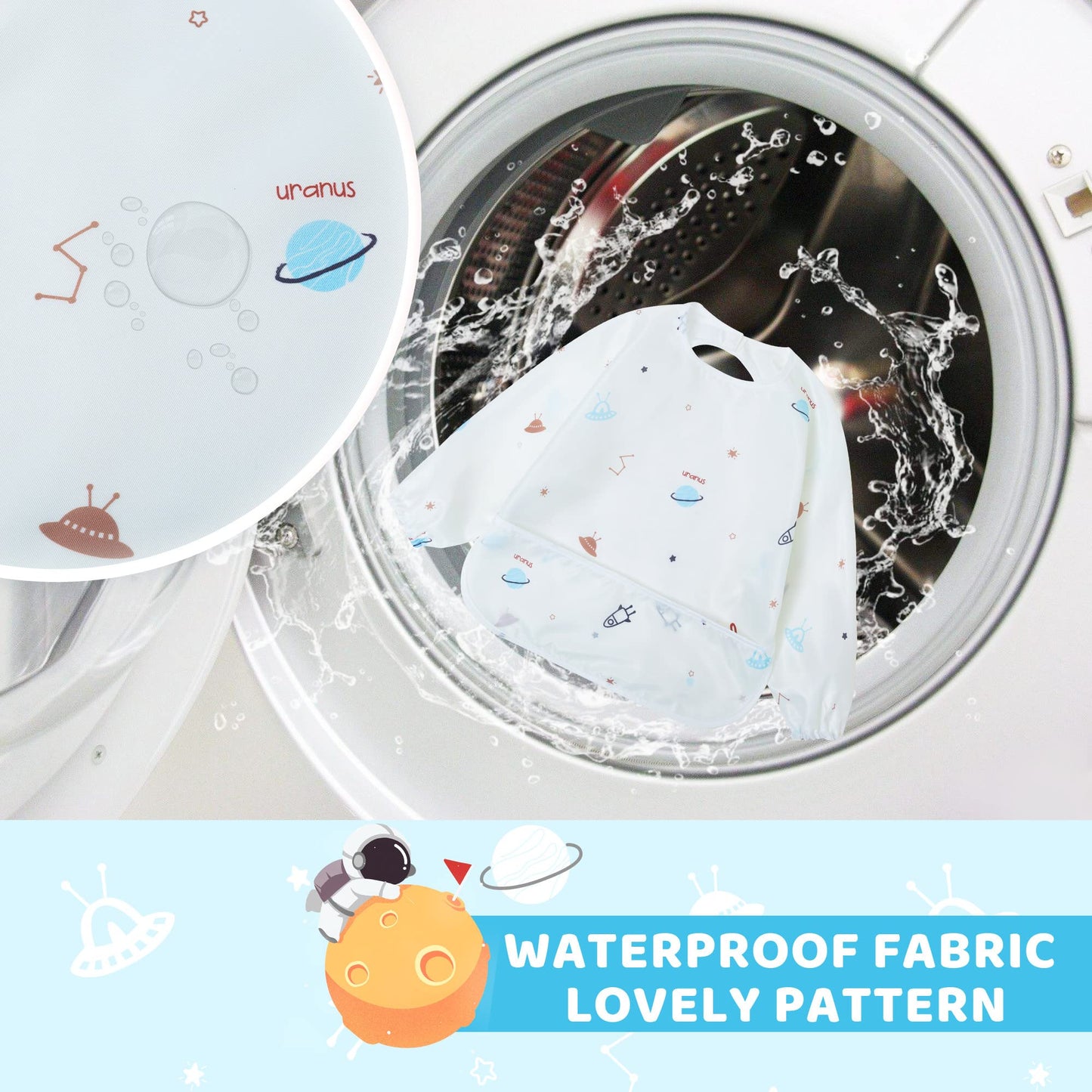 Little Dimsum Mess-Proof Baby Bibs|Infant Toddler Long Sleeve Waterproof Feeding Art Smock|Catching Food & Wipe Clean|Pack of 2 Colors Glatic&spaceship