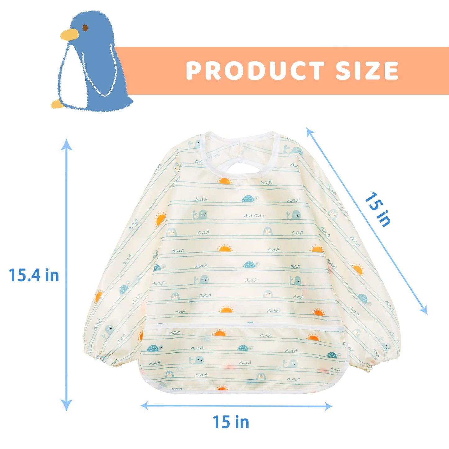 Little Dimsum Mess-Proof Baby Bibs|Infant Toddler Long Sleeve Waterproof Feeding Art Smock|Catching Food & Wipe Clean| Pack of 2 Colors (turtle&sun)